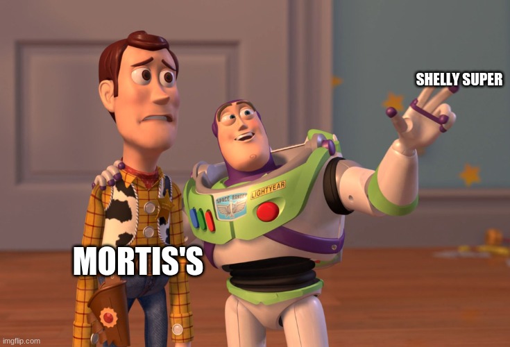 Mortis's and shelly's in a nutshell | SHELLY SUPER; MORTIS'S | image tagged in memes,x x everywhere | made w/ Imgflip meme maker