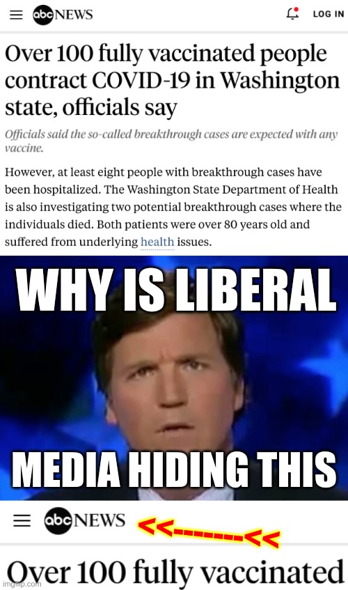 WHY IS LIBERAL; MEDIA HIDING THIS; <<-------<< | image tagged in confused tucker carlson,antivax,conservative logic,qanon,misinformation,covid-19 | made w/ Imgflip meme maker
