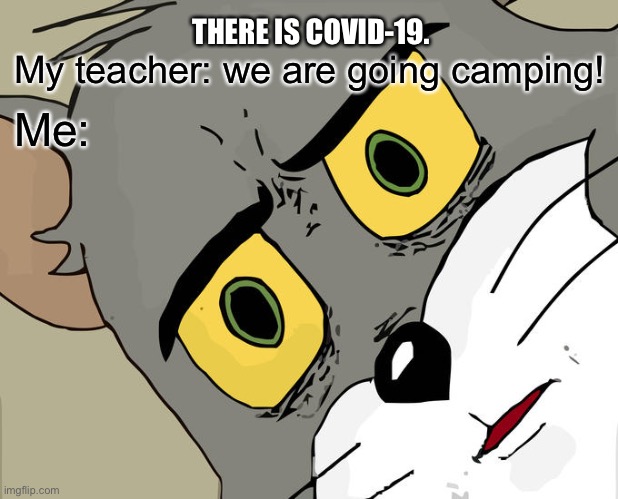 COVID-19 | THERE IS COVID-19. My teacher: we are going camping! Me: | image tagged in memes,unsettled tom | made w/ Imgflip meme maker