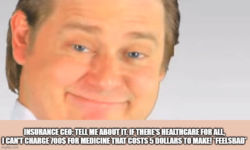 Free real estate blank | INSURANCE CEO: TELL ME ABOUT IT. IF THERE'S HEALTHCARE FOR ALL, I CAN'T CHARGE 700$ FOR MEDICINE THAT COSTS 5 DOLLARS TO MAKE! *FEELSBAD* | image tagged in free real estate blank | made w/ Imgflip meme maker