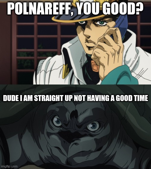 POLNAREFF, YOU GOOD? DUDE I AM STRAIGHT UP NOT HAVING A GOOD TIME | image tagged in jojo's bizarre adventure,jojo meme,jotaro | made w/ Imgflip meme maker