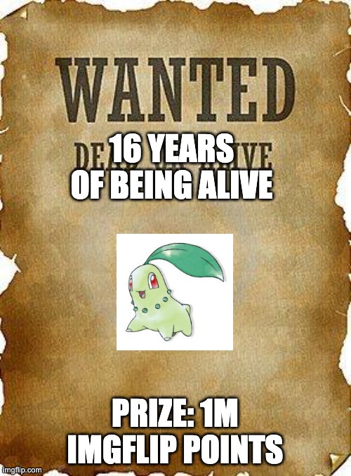 wanted dead or alive | 16 YEARS OF BEING ALIVE PRIZE: 1M IMGFLIP POINTS | image tagged in wanted dead or alive | made w/ Imgflip meme maker
