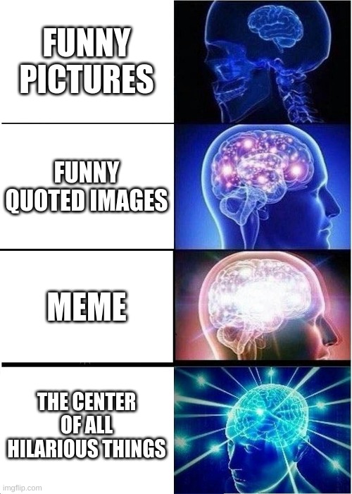 Meme | FUNNY PICTURES; FUNNY QUOTED IMAGES; MEME; THE CENTER OF ALL HILARIOUS THINGS | image tagged in memes,expanding brain | made w/ Imgflip meme maker