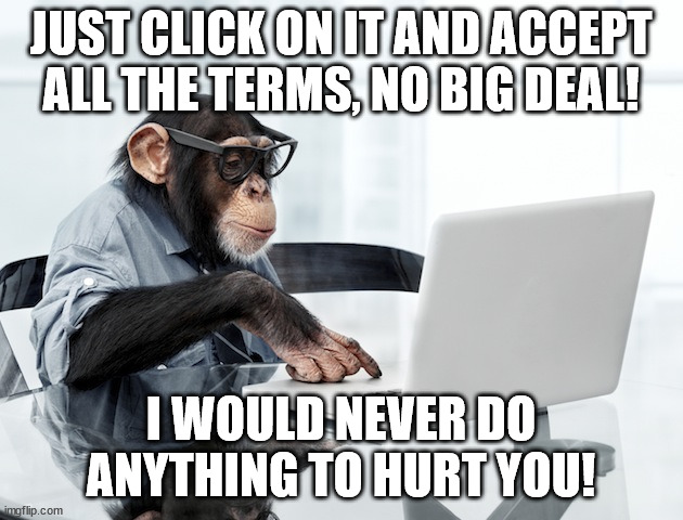 Just click on it | JUST CLICK ON IT AND ACCEPT ALL THE TERMS, NO BIG DEAL! I WOULD NEVER DO ANYTHING TO HURT YOU! | image tagged in click monkey | made w/ Imgflip meme maker