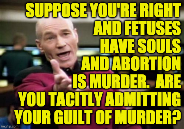 Picard Wtf Meme | SUPPOSE YOU'RE RIGHT
AND FETUSES
HAVE SOULS
AND ABORTION
IS MURDER.  ARE
YOU TACITLY ADMITTING
YOUR GUILT OF MURDER? | image tagged in memes,picard wtf | made w/ Imgflip meme maker