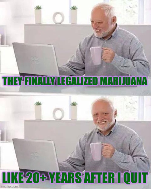 Hide the Pain Harold | THEY FINALLY LEGALIZED MARIJUANA; LIKE 20+ YEARS AFTER I QUIT | image tagged in memes,hide the pain harold,marijuana,weed | made w/ Imgflip meme maker