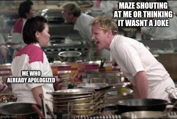 Angry Chef Gordon Ramsay | MAZE SHOUTING AT ME OR THINKING IT WASNT A JOKE; ME WHO ALREADY APOLOGIZED | image tagged in memes,angry chef gordon ramsay | made w/ Imgflip meme maker