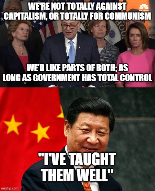 China approves | WE'RE NOT TOTALLY AGAINST CAPITALISM, OR TOTALLY FOR COMMUNISM; WE'D LIKE PARTS OF BOTH; AS LONG AS GOVERNMENT HAS TOTAL CONTROL; "I'VE TAUGHT THEM WELL" | image tagged in democrat congressmen,xi jinping | made w/ Imgflip meme maker
