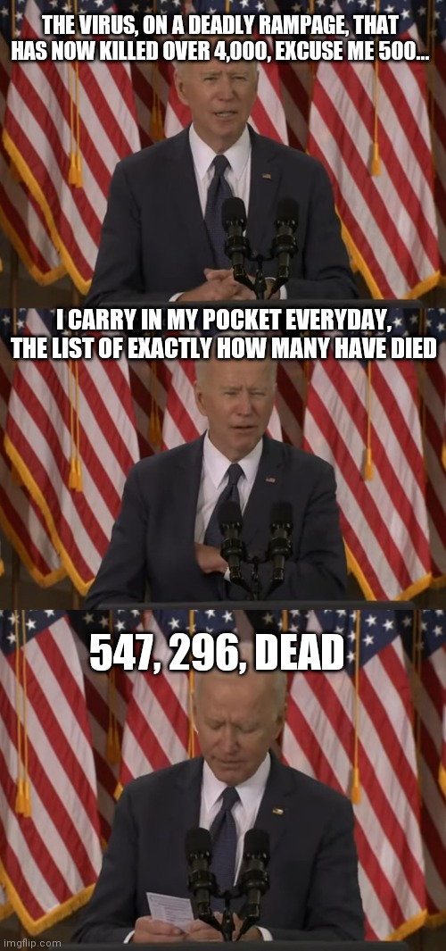 Biden is demented and the death count is just his political tool | THE VIRUS, ON A DEADLY RAMPAGE, THAT HAS NOW KILLED OVER 4,000, EXCUSE ME 500... I CARRY IN MY POCKET EVERYDAY, THE LIST OF EXACTLY HOW MANY HAVE DIED; 547, 296, DEAD | image tagged in joe biden,covid-19,democrats,liberals | made w/ Imgflip meme maker