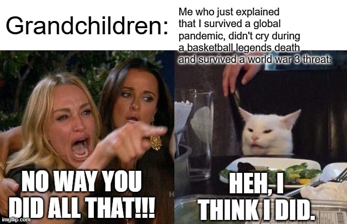 Ahhhh this will be a pain to explain | Me who just explained that I survived a global pandemic, didn't cry during a basketball legends death and survived a world war 3 threat:; Grandchildren:; NO WAY YOU DID ALL THAT!!! HEH, I THINK I DID. | image tagged in memes,woman yelling at cat | made w/ Imgflip meme maker