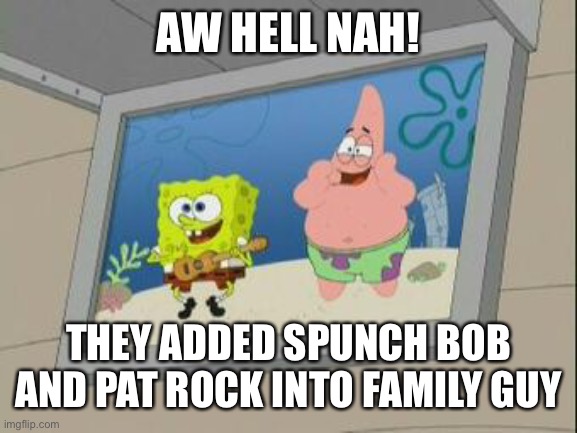 Anyone know this from Family Guy? | AW HELL NAH! THEY ADDED SPUNCH BOB AND PAT ROCK INTO FAMILY GUY | image tagged in spunch bob,spongebob,family guy,memes | made w/ Imgflip meme maker