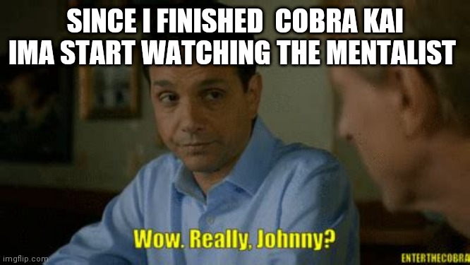 Really johnny? | SINCE I FINISHED  COBRA KAI IMA START WATCHING THE MENTALIST | image tagged in really johnny | made w/ Imgflip meme maker