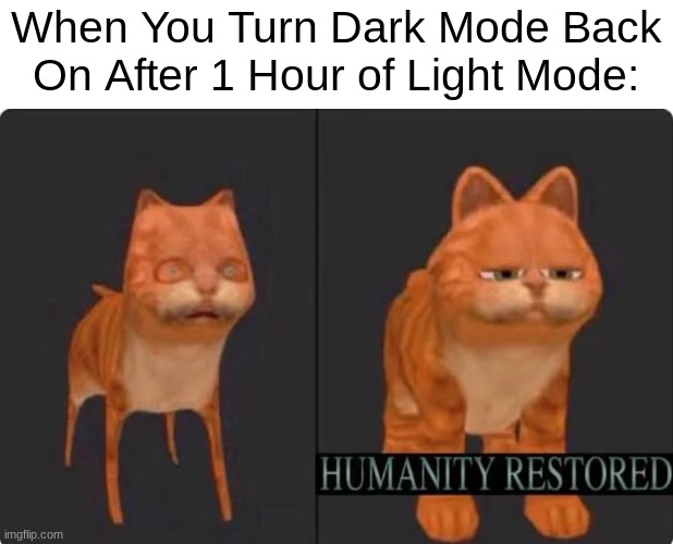 i don't have any humanity (yes i use light mode, go at me.) |  When You Turn Dark Mode Back On After 1 Hour of Light Mode: | image tagged in humanity restored,memes,funny | made w/ Imgflip meme maker