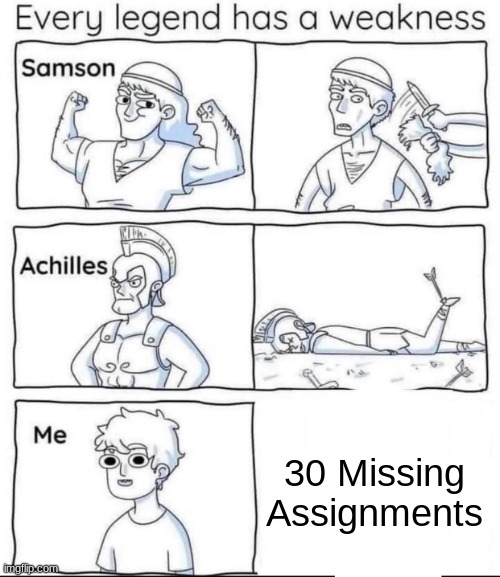 Missing Assignments. | 30 Missing Assignments | image tagged in every legend has a weakness,funny,memes,missing | made w/ Imgflip meme maker