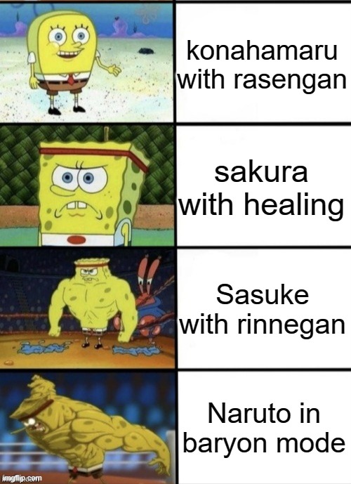 SpongeBob Strength | konahamaru with rasengan; sakura with healing; Sasuke with rinnegan; Naruto in baryon mode | image tagged in spongebob strength | made w/ Imgflip meme maker