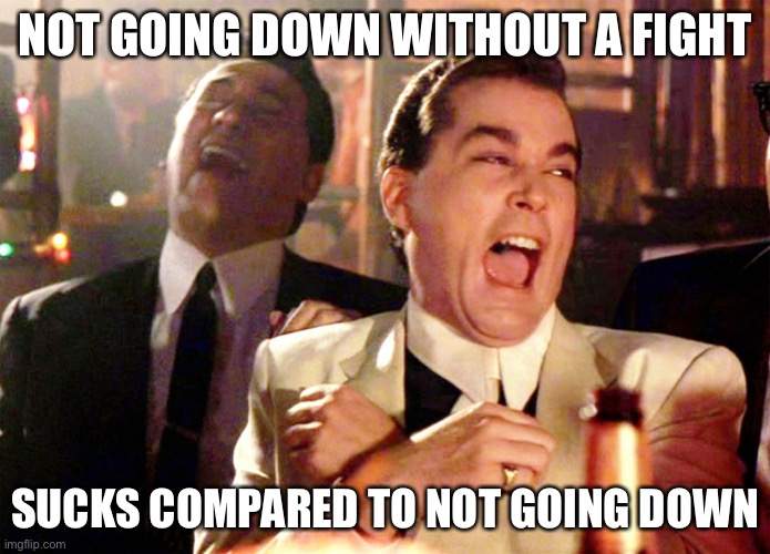 Good Fellas Hilarious | NOT GOING DOWN WITHOUT A FIGHT; SUCKS COMPARED TO NOT GOING DOWN | image tagged in memes,good fellas hilarious,facts,so true,funny,lolz | made w/ Imgflip meme maker