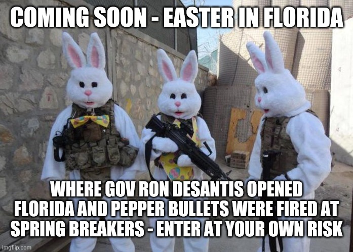 Florida - Enter at Your Own Risk | COMING SOON - EASTER IN FLORIDA; WHERE GOV RON DESANTIS OPENED FLORIDA AND PEPPER BULLETS WERE FIRED AT SPRING BREAKERS - ENTER AT YOUR OWN RISK | image tagged in easter bunny tatical,covid 19,florida,spring break,ron desantis,politics | made w/ Imgflip meme maker