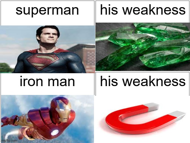 broken glass is my favorite food | superman; his weakness; iron man; his weakness | image tagged in memes,blank comic panel 2x2,superman,ironman,superheroes | made w/ Imgflip meme maker