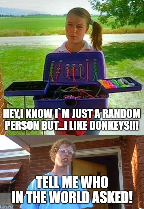 My gosh! | HEY,I KNOW I`M JUST A RANDOM PERSON BUT...I LIKE DONKEYS!!! TELL ME WHO IN THE WORLD ASKED! | image tagged in napoleon dynamite - deb | made w/ Imgflip meme maker