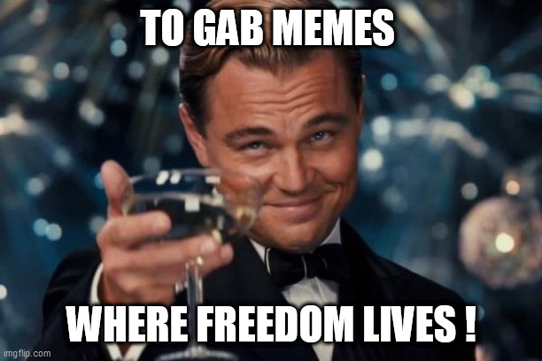 Leonardo Dicaprio Cheers Meme | TO GAB MEMES; WHERE FREEDOM LIVES ! | image tagged in memes,leonardo dicaprio cheers | made w/ Imgflip meme maker