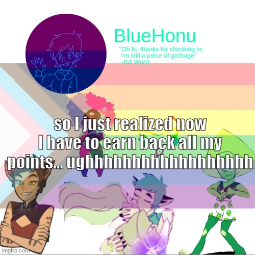 Bluehonu announcement temp 2.0 | so I just realized now I have to earn back all my points... ughhhhhhhhhhhhhhhhhh | image tagged in bluehonu announcement temp 2 0 | made w/ Imgflip meme maker