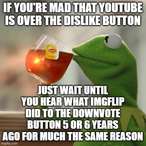 But That's None Of My Business Meme | IF YOU'RE MAD THAT YOUTUBE IS OVER THE DISLIKE BUTTON; JUST WAIT UNTIL YOU HEAR WHAT IMGFLIP DID TO THE DOWNVOTE BUTTON 5 OR 6 YEARS AGO FOR MUCH THE SAME REASON | image tagged in memes,but that's none of my business,kermit the frog | made w/ Imgflip meme maker