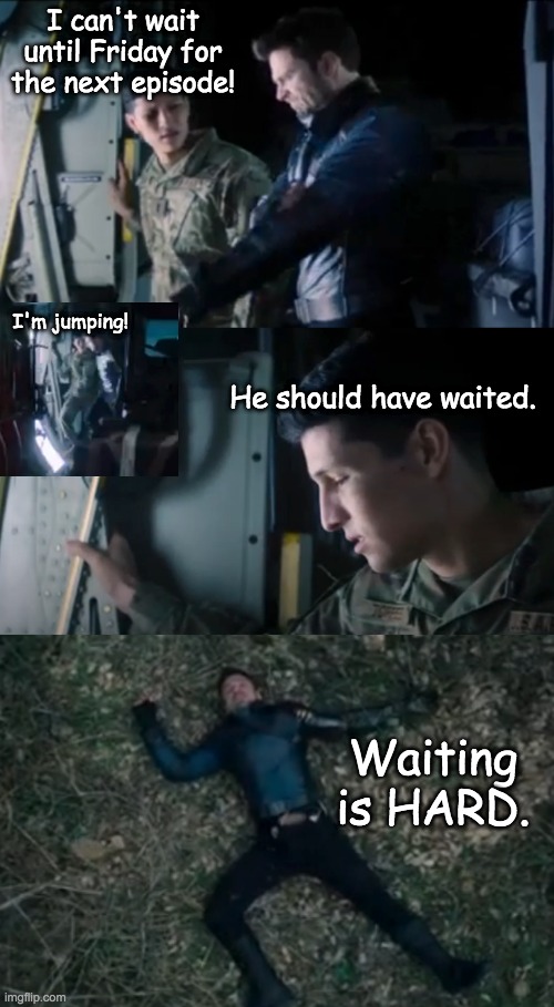 Only two days until the next episode . . . | I can't wait until Friday for the next episode! I'm jumping! He should have waited. Waiting is HARD. | image tagged in mcu,marvel,falcon and winter soldier | made w/ Imgflip meme maker