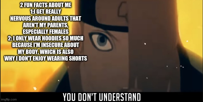 yup | 2 FUN FACTS ABOUT ME
1:I GET REALLY NERVOUS AROUND ADULTS THAT AREN'T MY PARENTS, ESPECIALLY FEMALES
2: I ONLY WEAR HOODIES SO MUCH BECAUSE I'M INSECURE ABOUT MY BODY, WHICH IS ALSO WHY I DON'T ENJOY WEARING SHORTS | image tagged in deidara you don't understand | made w/ Imgflip meme maker