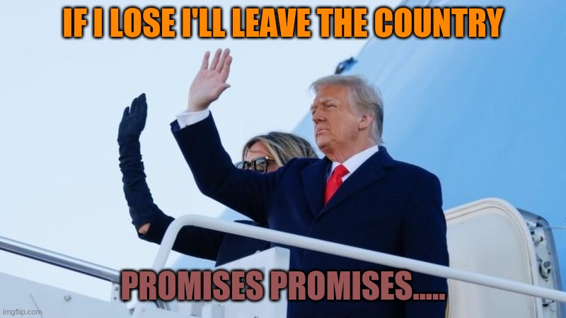 If I lose I'll leave the country... | IF I LOSE I'LL LEAVE THE COUNTRY; PROMISES PROMISES..... | image tagged in donald trump is an douche | made w/ Imgflip meme maker