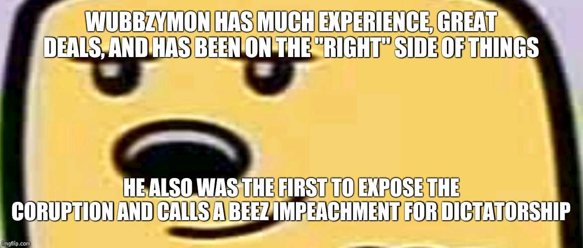 Vote Wubbzymon: This meme was brought to you by the Wubbzy party | WUBBZYMON HAS MUCH EXPERIENCE, GREAT DEALS, AND HAS BEEN ON THE "RIGHT" SIDE OF THINGS; HE ALSO WAS THE FIRST TO EXPOSE THE CORUPTION AND CALLS A BEEZ IMPEACHMENT FOR DICTATORSHIP | image tagged in wubbzy smug,election,wubbzy | made w/ Imgflip meme maker