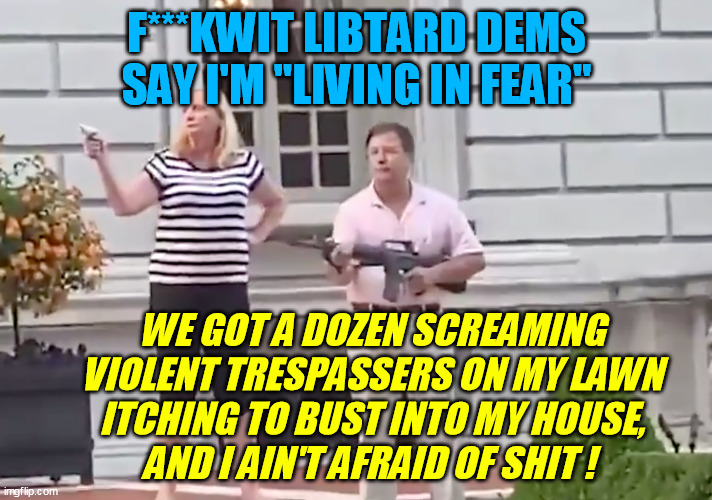 Reply to liberal who actually said this.  Delusional brainwashing is not their friend.  If the law fails you, uphold it yourself | F***KWIT LIBTARD DEMS SAY I'M "LIVING IN FEAR"; WE GOT A DOZEN SCREAMING 
VIOLENT TRESPASSERS ON MY LAWN 
ITCHING TO BUST INTO MY HOUSE, 
AND I AIN'T AFRAID OF SHIT ! | image tagged in 2nd amendment,gun rights,nra,blm,antifa,corrupt democrats | made w/ Imgflip meme maker