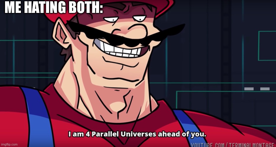 Mario I am four parallel universes ahead of you | ME HATING BOTH: | image tagged in mario i am four parallel universes ahead of you | made w/ Imgflip meme maker