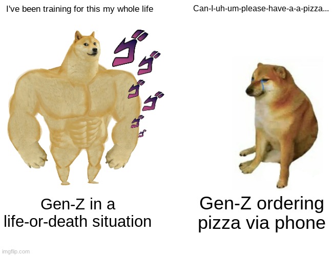 Welp | I've been training for this my whole life; Can-I-uh-um-please-have-a-a-pizza... Gen-Z in a life-or-death situation; Gen-Z ordering pizza via phone | image tagged in memes,buff doge vs cheems | made w/ Imgflip meme maker