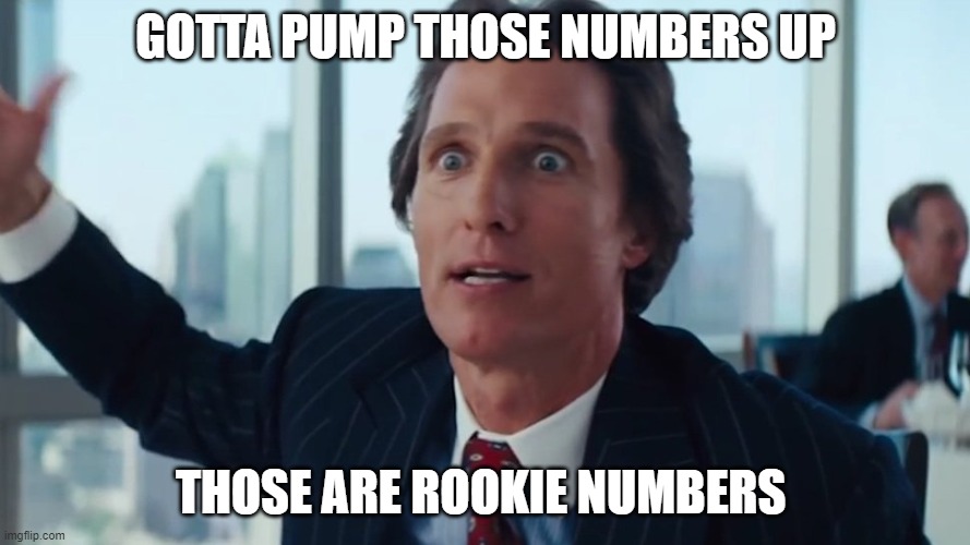 Matthew Mcconaughey Wolf Of Wall Street HD (large) | GOTTA PUMP THOSE NUMBERS UP; THOSE ARE ROOKIE NUMBERS | image tagged in matthew mcconaughey wolf of wall street hd large | made w/ Imgflip meme maker
