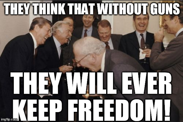 Laughing Men In Suits Meme | THEY THINK THAT WITHOUT GUNS THEY WILL EVER KEEP FREEDOM! | image tagged in memes,laughing men in suits | made w/ Imgflip meme maker