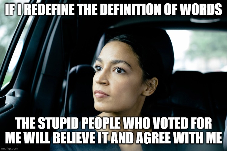 Alexandria Ocasio-Cortez | IF I REDEFINE THE DEFINITION OF WORDS THE STUPID PEOPLE WHO VOTED FOR ME WILL BELIEVE IT AND AGREE WITH ME | image tagged in alexandria ocasio-cortez | made w/ Imgflip meme maker