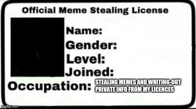 Meme Stealing License | STEALING MEMES AND WHITING-OUT PRIVATE INFO FROM MY LICENCES | image tagged in meme stealing license | made w/ Imgflip meme maker