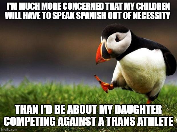 Overall, immigration is much more important than sportsball | I'M MUCH MORE CONCERNED THAT MY CHILDREN WILL HAVE TO SPEAK SPANISH OUT OF NECESSITY; THAN I'D BE ABOUT MY DAUGHTER COMPETING AGAINST A TRANS ATHLETE | image tagged in memes,unpopular opinion puffin,spanish,sports,transgender,immigration | made w/ Imgflip meme maker