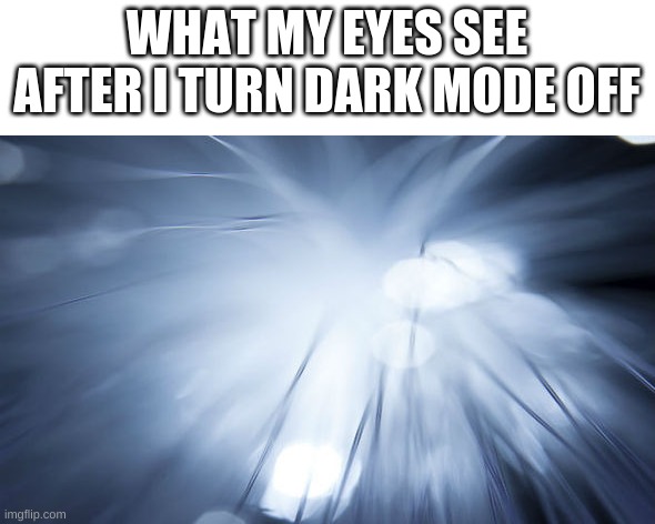 Fun fact sometimes they stop seeing in general! | WHAT MY EYES SEE AFTER I TURN DARK MODE OFF | image tagged in light,funny,fun,funny memes,funny meme,dark mode | made w/ Imgflip meme maker