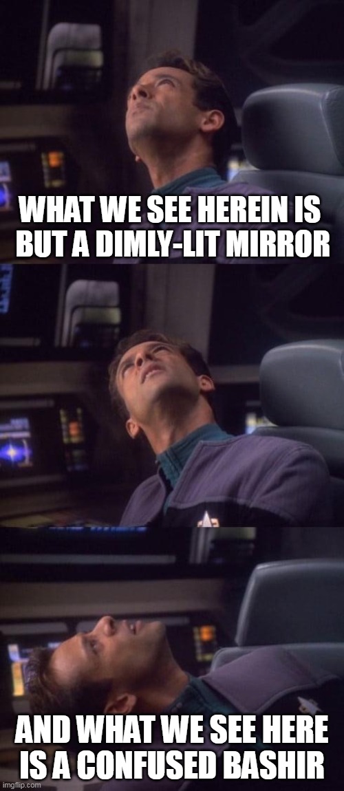 Confused Bashir | WHAT WE SEE HEREIN IS
 BUT A DIMLY-LIT MIRROR; AND WHAT WE SEE HERE

IS A CONFUSED BASHIR | image tagged in confused bashir | made w/ Imgflip meme maker