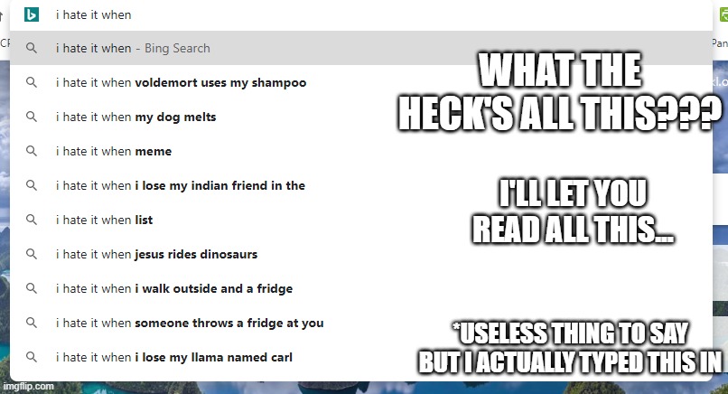 wtf?!?!?!? | WHAT THE HECK'S ALL THIS??? I'LL LET YOU READ ALL THIS... *USELESS THING TO SAY BUT I ACTUALLY TYPED THIS IN | image tagged in i hate it when search suggestions | made w/ Imgflip meme maker