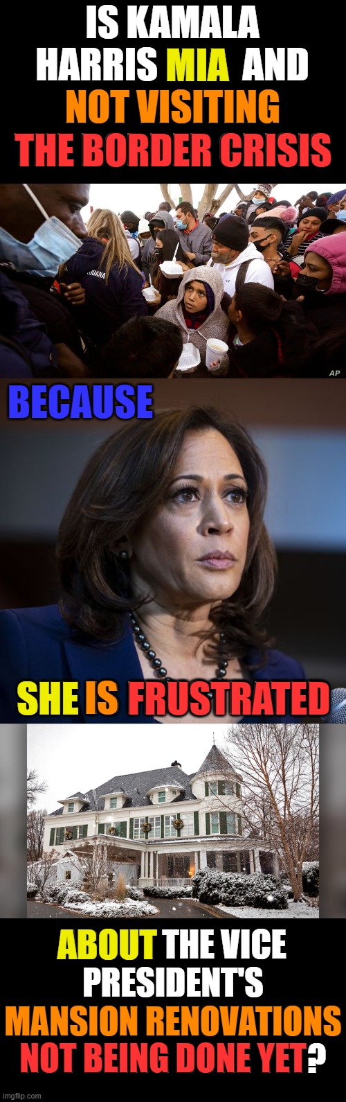 Your Actions Show What's Really Important To You | IS KAMALA HARRIS MIA  AND NOT VISITING THE BORDER CRISIS; MIA; NOT VISITING; THE BORDER CRISIS; BECAUSE; IS; SHE IS FRUSTRATED; SHE; FRUSTRATED; ABOUT THE VICE PRESIDENT'S MANSION RENOVATIONS NOT BEING DONE YET? ABOUT; MANSION RENOVATIONS; NOT BEING DONE YET | image tagged in politics,kamala harris,border,who cares,mansion,frustrated | made w/ Imgflip meme maker
