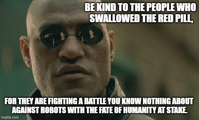 Matrix Morpheus | BE KIND TO THE PEOPLE WHO 
SWALLOWED THE RED PILL, FOR THEY ARE FIGHTING A BATTLE YOU KNOW NOTHING ABOUT 
AGAINST ROBOTS WITH THE FATE OF HUMANITY AT STAKE. | image tagged in memes,matrix morpheus | made w/ Imgflip meme maker