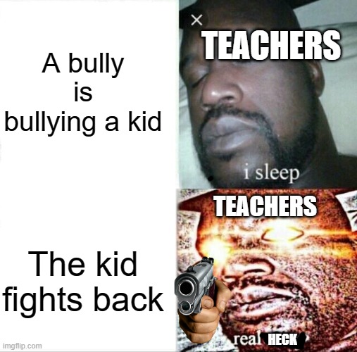 why teachers just why | A bully is bullying a kid; TEACHERS; TEACHERS; The kid fights back; HECK | image tagged in memes,sleeping shaq | made w/ Imgflip meme maker