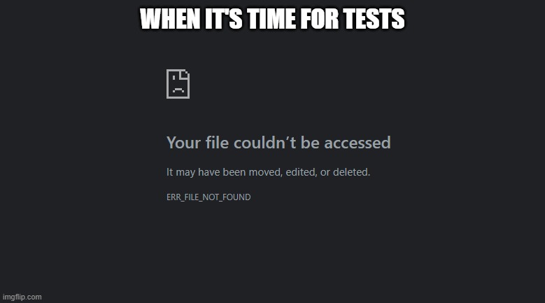 Test Time | WHEN IT'S TIME FOR TESTS | image tagged in test,filenotfound,stupid,meme,memes,time | made w/ Imgflip meme maker