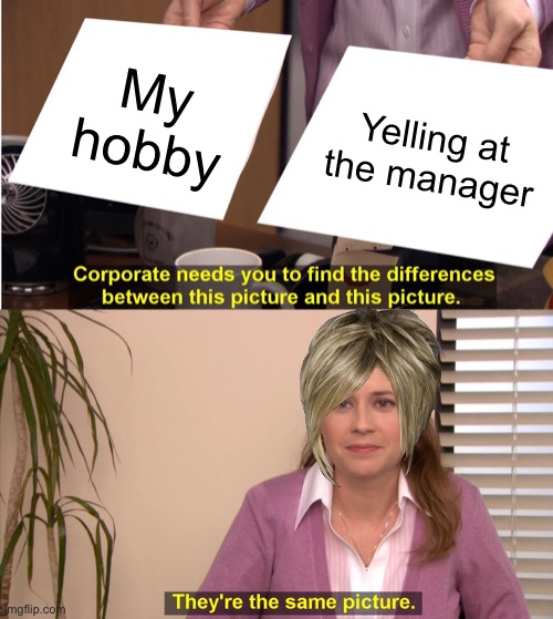 They're The Same Picture | My hobby; Yelling at the manager | image tagged in memes,they're the same picture,stupid karens | made w/ Imgflip meme maker