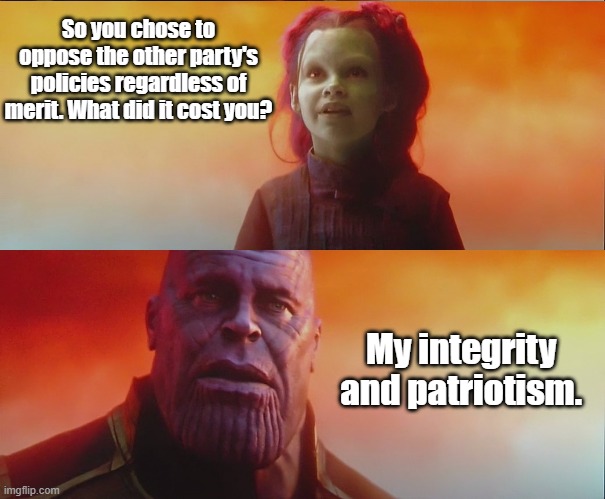 Price of Blind Partisanship | So you chose to oppose the other party's policies regardless of merit. What did it cost you? My integrity and patriotism. | image tagged in what did it cost 2 panel,politics,memes | made w/ Imgflip meme maker