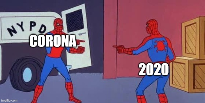 lol 2020 explained btw | CORONA; 2020 | image tagged in spider man double | made w/ Imgflip meme maker