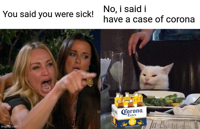 Someone wants corona? |  You said you were sick! No, i said i have a case of corona | image tagged in memes,woman yelling at cat,corona beer,funny | made w/ Imgflip meme maker
