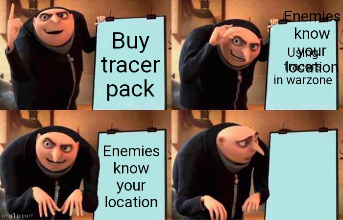 Gru's Plan | Enemies know your location; Buy tracer pack; Using tracers in warzone; Enemies know your location | image tagged in memes,gru's plan | made w/ Imgflip meme maker